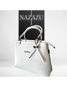 NAZAZU Твърда дамска чанта с черни орнаменти и панделка - Бяла