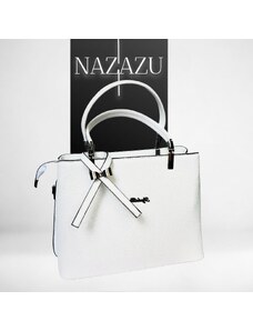 NAZAZU Бяла твърда дамска чанта с черни орнаменти и панделка - 031003