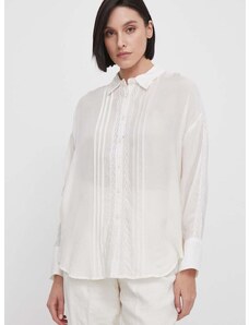 Риза Mos Mosh дамска в бежово със свободна кройка с класическа яка