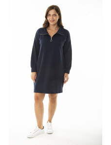 Şans Women's Plus Size Navy Blue Sweatshirt Dress with Zip down the front and a stand-up collar.