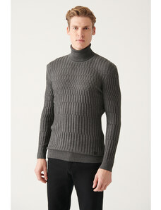 Avva Men's Anthracite Full Turtleneck Knitted Detailed Cotton Slim Fit Slim Fit Knitwear Sweater