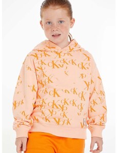Детски суичър Calvin Klein Jeans в оранжево с качулка с десен
