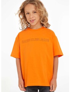 Детска тениска Calvin Klein Jeans в оранжево с изчистен дизайн