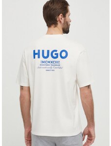 Памучна тениска Hugo Blue в бежово с принт 50509776