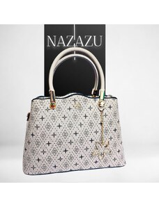 NAZAZU Стилна твърда дамска чанта с интересна форма с принт- бежова- 031905