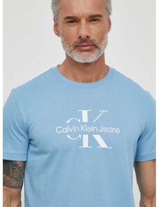Памучна тениска Calvin Klein Jeans в синьо с принт J30J325190