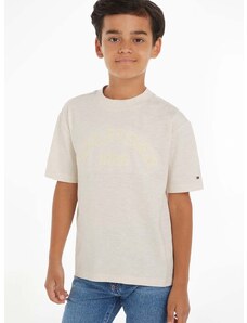 Детска памучна тениска Tommy Hilfiger в бежово с принт