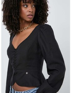 Блуза с лен Guess FEDERICA в черно с изчистен дизайн W4GH88 WG7B0