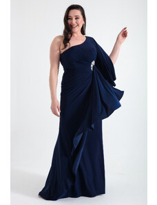Lafaba Women's Navy Blue One-Shoulder Stone Detailed Long Evening Dress