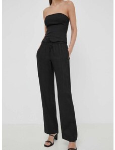 Ленен панталон Samsoe Samsoe HOYS в черно със стандартна кройка, със стандартна талия F23900002