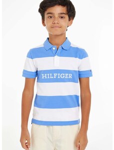 Детска памучна тениска с яка Tommy Hilfiger в синьо с десен