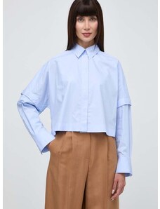 Памучна риза Ivy Oak дамска в синьо със свободна кройка с класическа яка IO112327