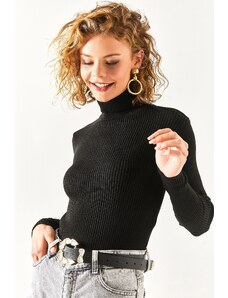 Olalook Дамски черен пълен водолазка оребрени ликра трикотаж пуловер