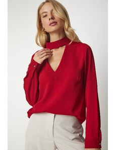 Happiness İstanbul Women's Red Crepe Blouse with Window Detailed and Decollete