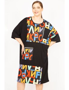 Şans Women's Black Plus Size Digital Print And Ornamental Zipper Detailed Dress