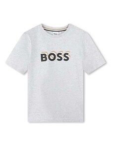 Детска памучна тениска BOSS в сиво с принт