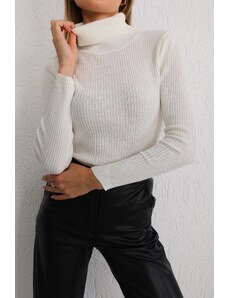 BİKELİFE Дамски бели ликра гъвкави водолазка трикотаж пуловер