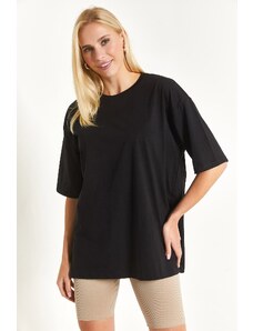 armonika Women's Black Round Neck Oversize T-shirt