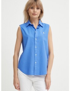Памучна риза Polo Ralph Lauren дамска в синьо със стандартна кройка с класическа яка 211906512