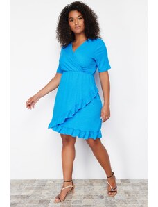 Trendyol Curve Blue Double Breasted Flounce Mini Knitted Dress