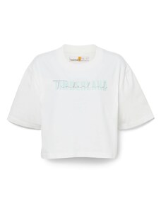 TIMBERLAND Тениска 'Cropped' пастелно синьо / черно / бяло