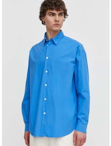 Памучна риза Samsoe Samsoe SALUAN мъжка в синьо със свободна кройка с класическа яка M24100044