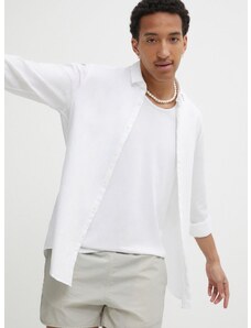 Риза с лен HUGO в бяло с кройка по тялото класическа яка 50513966
