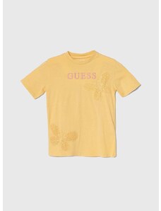 Детска памучна тениска Guess в жълто