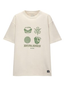 Pull&Bear Тениска цвят "пясък" / зелено / черно