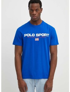 Памучна тениска Polo Ralph Lauren в синьо с принт 710750444