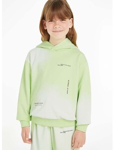 Детски памучен суичър Calvin Klein Jeans в зелено с качулка с десен