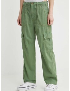 Памучен панталон Billabong в зелено с широка каройка, с висока талия ABJNP00419