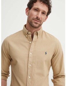 Памучна риза Polo Ralph Lauren мъжка в бежово със стандартна кройка с яка с копче 710889739001