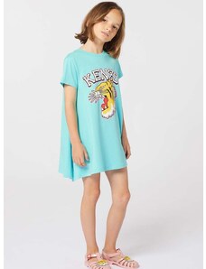 Детска памучна рокля Kenzo Kids в синьо къса със стандартна кройка