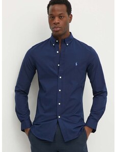 Риза Polo Ralph Lauren мъжка в тъмносиньо с кройка по тялото с яка с копче
