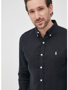 Ленена риза Polo Ralph Lauren мъжка в тъмносиньо с кройка по тялото с яка с копче