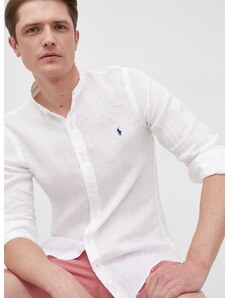 Ленена риза Polo Ralph Lauren мъжка в бяло с кройка по тялото с права яка