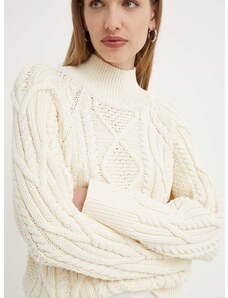 Пуловер с вълна BOSS дамски в бежово от топла материя с ниско поло 50518369