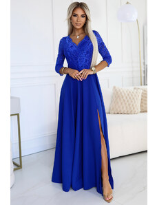 NUMOCO 309-12 AMBER Elegant Long Lace Dress with Neckline - Color BLUE