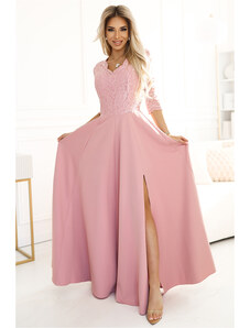NUMOCO 309-13 AMBER elegant long lace dress with a neckline - powder pink