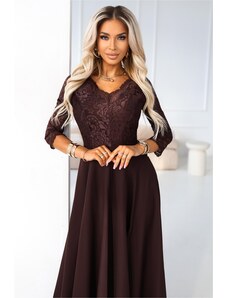 NUMOCO Елегантна дълга дантелена рокля с деколте - шоколадов цвят