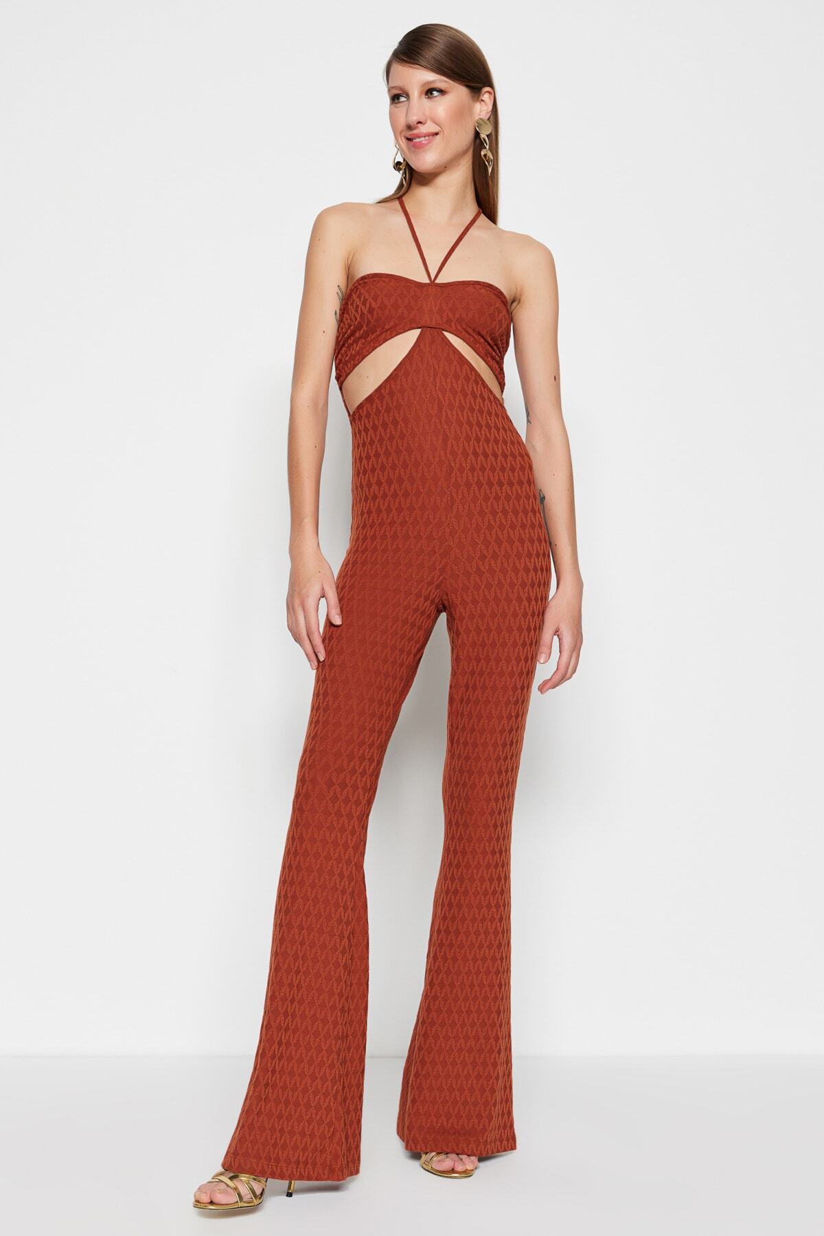 Trendyol Cinnamon Knitted Window/Cut Out Detail Textured Self Patterned Jumpsuit