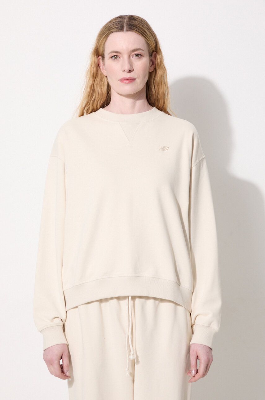 Памучен суичър New Balance WT41500LIN в бежово с изчистен дизайн