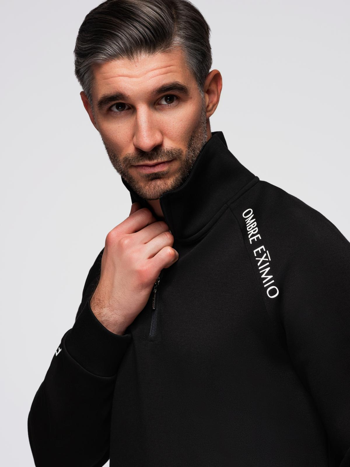 Ombre Men's sweatshirt with unbuttoned high collar and contrasting print - black