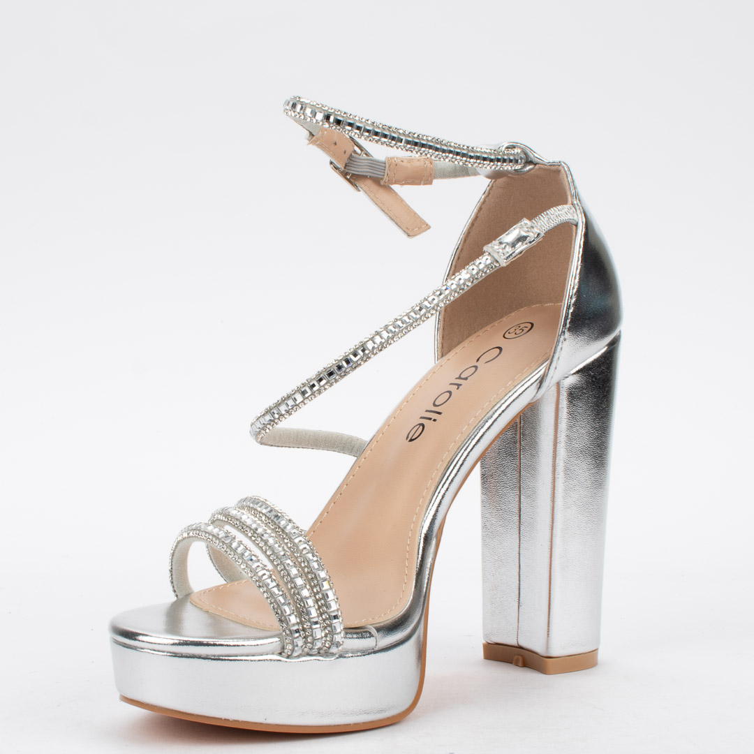 Сребристи дамски сандали на широк ток