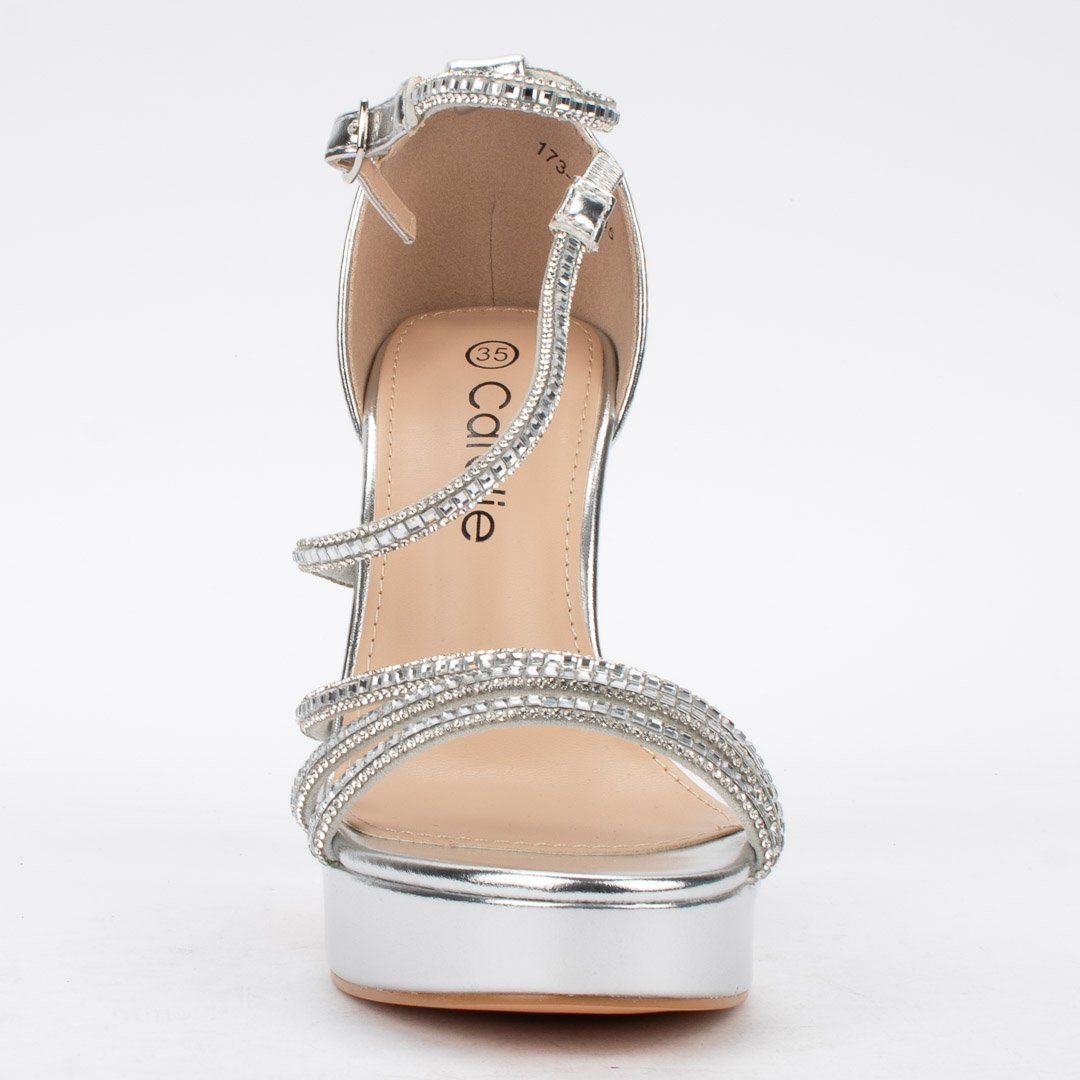 Сребристи дамски сандали на широк ток