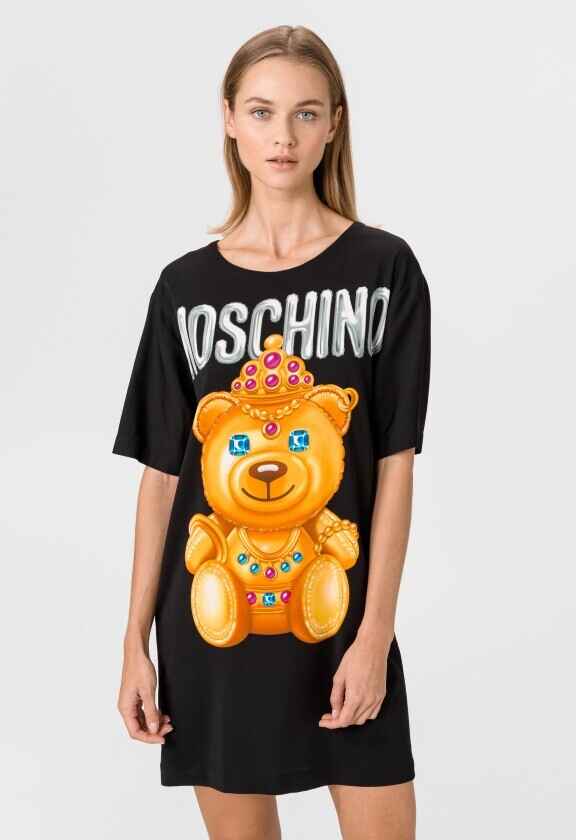 черна дамска рокля тип тениска с щампа на Moschino