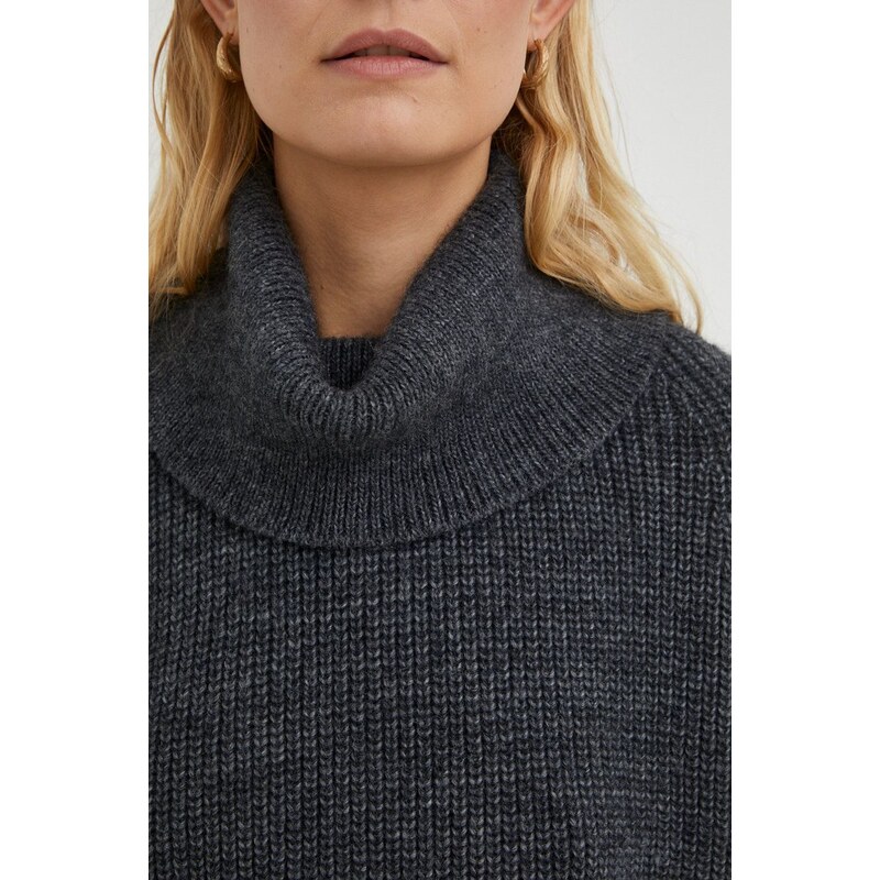 Вълнен пуловер Herskind дамски в сиво от топла материя с поло