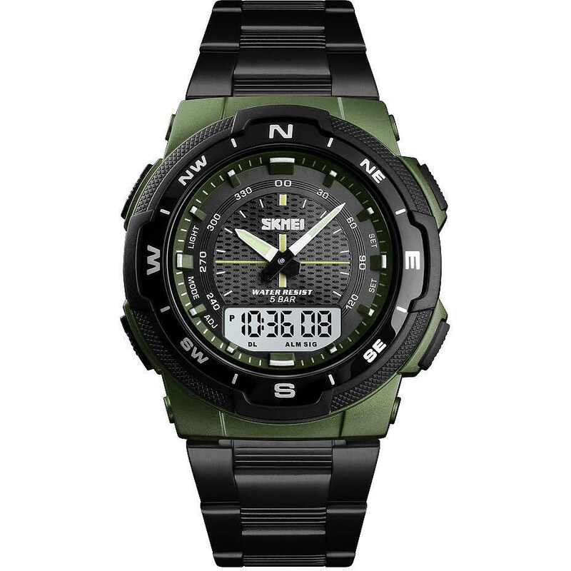 Мъжки часовник SKMEI Duo Time, Хронограф, Двойно време, LED подсветка, Неръждаема стомана, Черен / Зелен