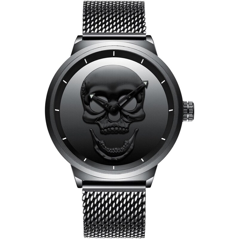 Мъжки часовник Biden Skull, Неръждаема стомана, Черен / Плетка